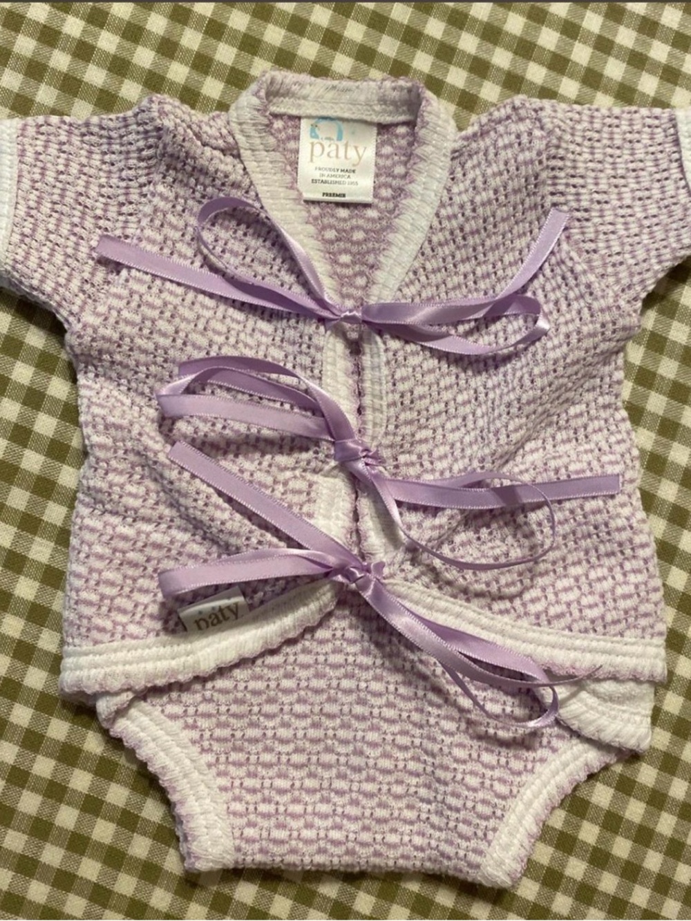 Paty Lavender Knit Baby Kimono Bodysuit with Ribbon Ties